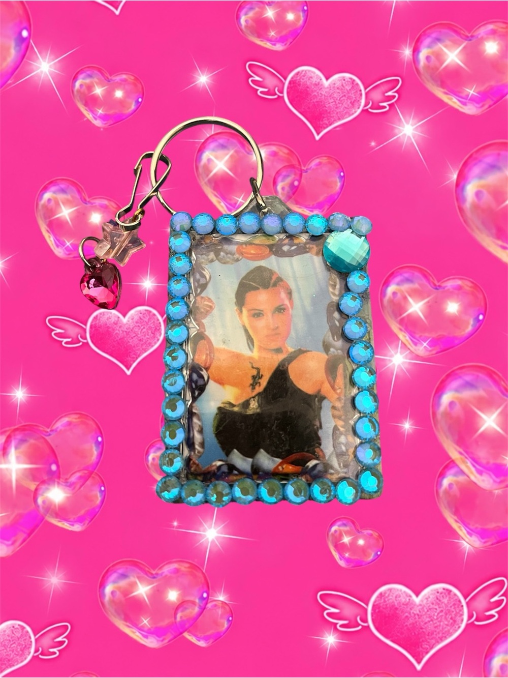 Photo Charm Keychain with Turquoise Rhinestones